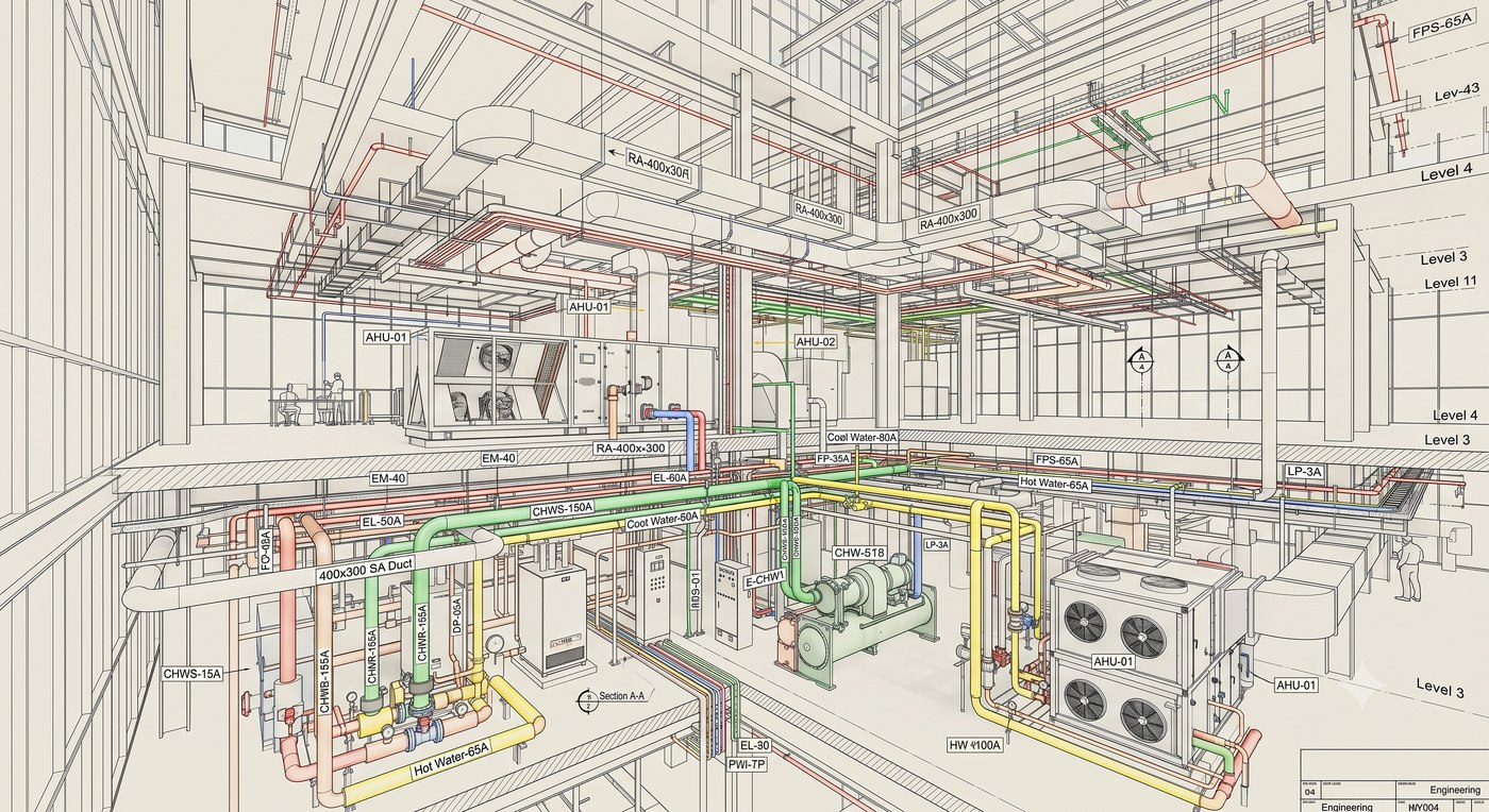 建築設備BIM設計図面 — 電気・機械・衛生設備の3次元モデル